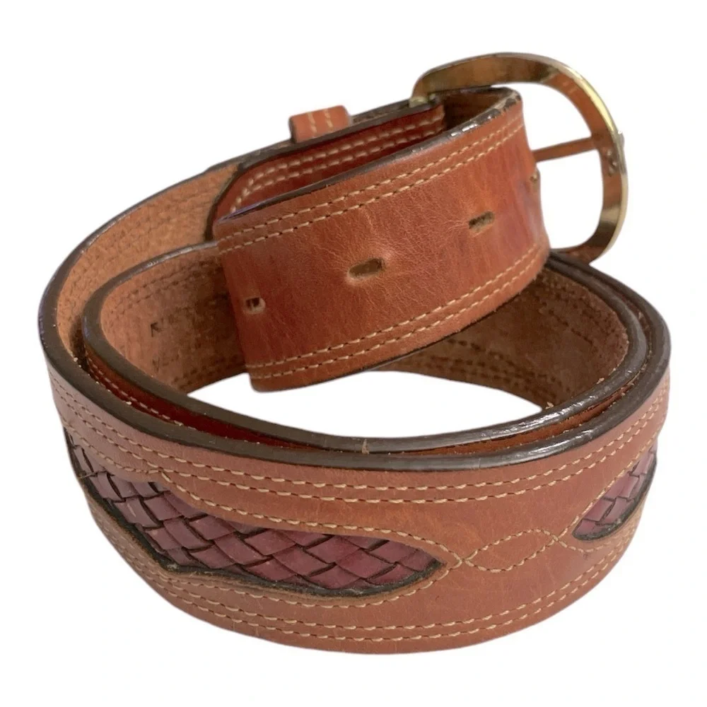 Vintage LEEGIN USA Inset Braided Leather Belt Cognac Saddle Tan Brown Two-Tone